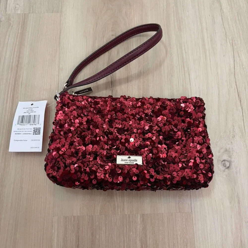 Kate Spade Kiky Sequin Fabric Convertible Wristlet Wallet Clutch Deep Berry